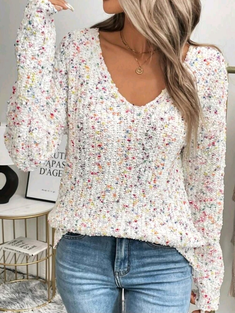 Women Plus Size Elegant V-Neck Polka Dot Long Sleeve Knitted Pullover Sweater, F